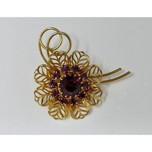 Gold Tone Purple Colored Rhinestones Flower Pin Brooch